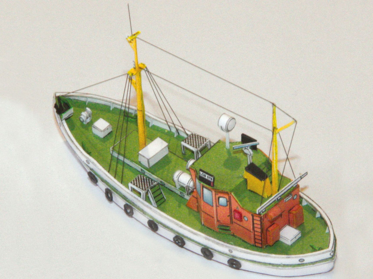 Photo of HMV Norwegian Pilot Boat Card Model Kit 1/250 (103340) featuring six detailed Norwegian pilot boats and a Colin Archer cutter from different eras.