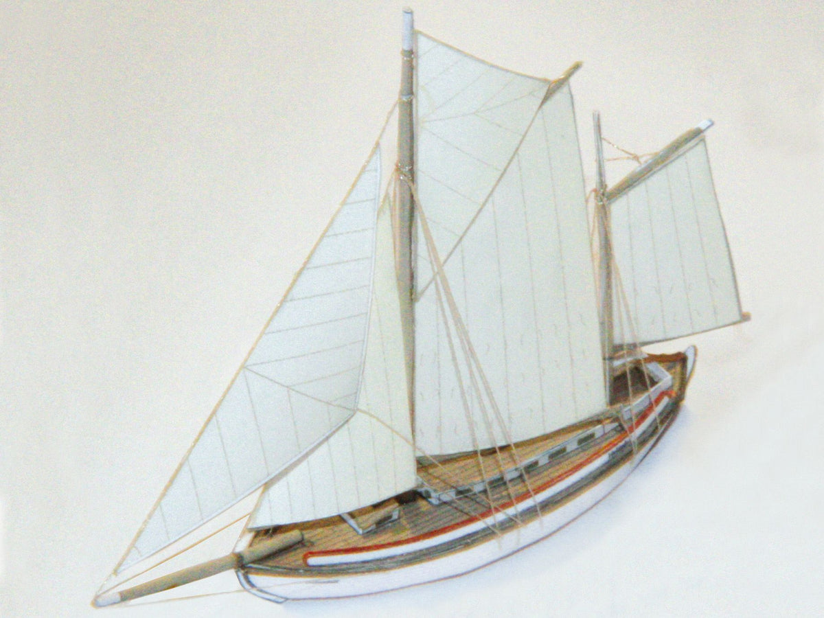 Photo of HMV Norwegian Pilot Boat Card Model Kit 1/250 (103340) featuring six detailed Norwegian pilot boats and a Colin Archer cutter from different eras.