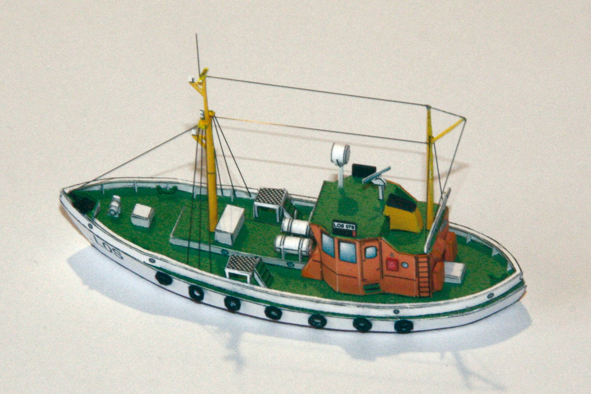Photo of HMV Norwegian Pilot Boat Card Model Kit 1/250 (103340) featuring six detailed Norwegian pilot boats and a Colin Archer cutter from different eras.