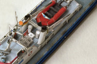 Photo of HMV Hamburg Museum Ships Card Model Kit 103342 showing four detailed paper ship models – Feuerwehr IV, Kirchdorf, Glückstadt, and Elbe 1 – in 1/250 scale