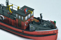 Photo of HMV Hamburg Museum Ships Card Model Kit 103342 showing four detailed paper ship models – Feuerwehr IV, Kirchdorf, Glückstadt, and Elbe 1 – in 1/250 scale