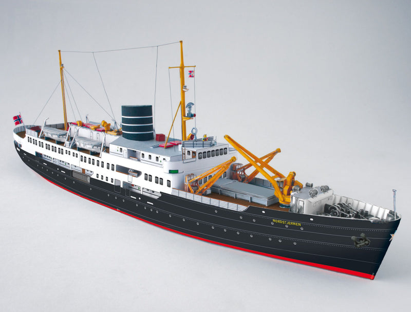 Photo of HMV Nordstjernen 1:250 scale card model kit showing detailed hull graphics and bridge interior from HMV Publishing.
