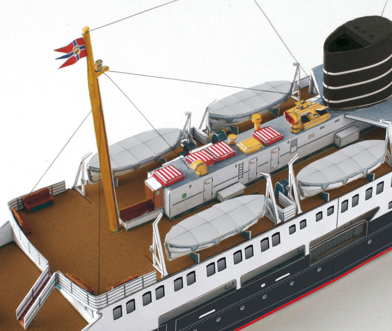 Photo of HMV Nordstjernen 1:250 scale card model kit showing detailed hull graphics and bridge interior from HMV Publishing.
