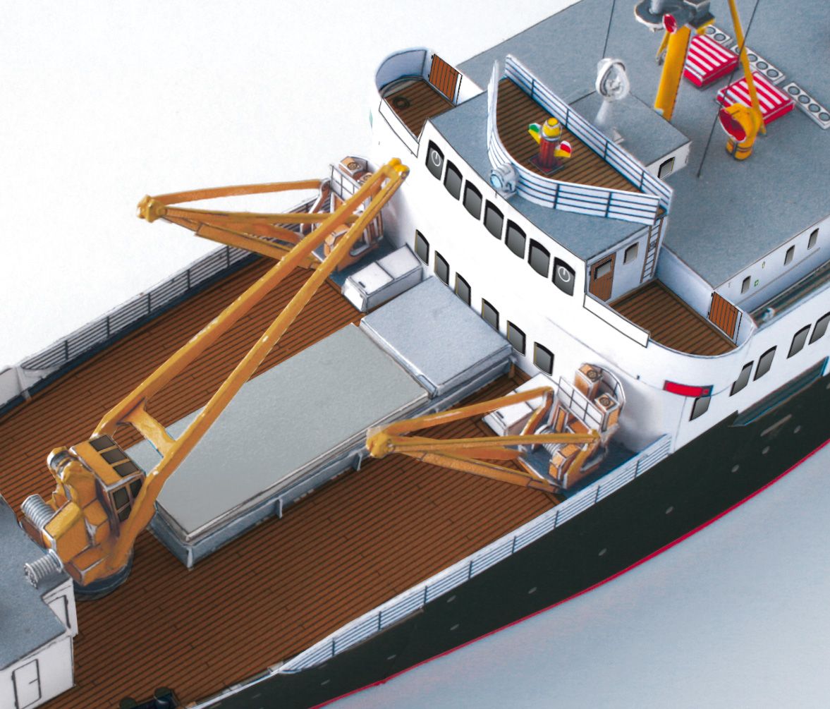 Photo of HMV Nordstjernen 1:250 scale card model kit showing detailed hull graphics and bridge interior from HMV Publishing.