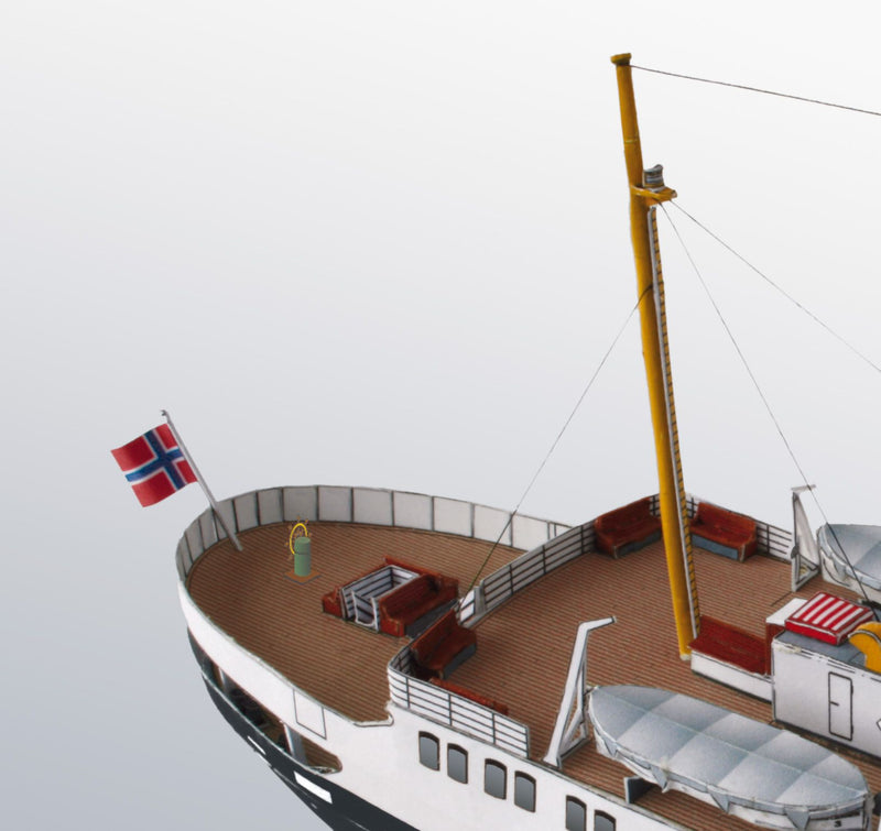 Photo of HMV Nordstjernen 1:250 scale card model kit showing detailed hull graphics and bridge interior from HMV Publishing.