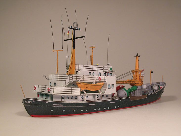 Photo of HMV Buoy Tender Bruno Illing 1/250 scale paper model kit with detailed crane, buoys, and lifeboat by Dr. Henning Budelmann.