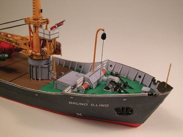 Photo of HMV Buoy Tender Bruno Illing 1/250 scale paper model kit with detailed crane, buoys, and lifeboat by Dr. Henning Budelmann.