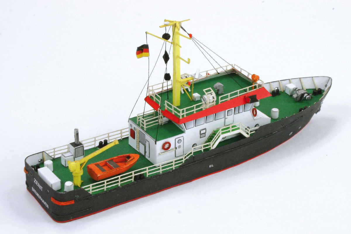 Photo of HMV Survey Vessel Zenit 1/250 paper model kit showing detailed bridge, mast, and deck equipment