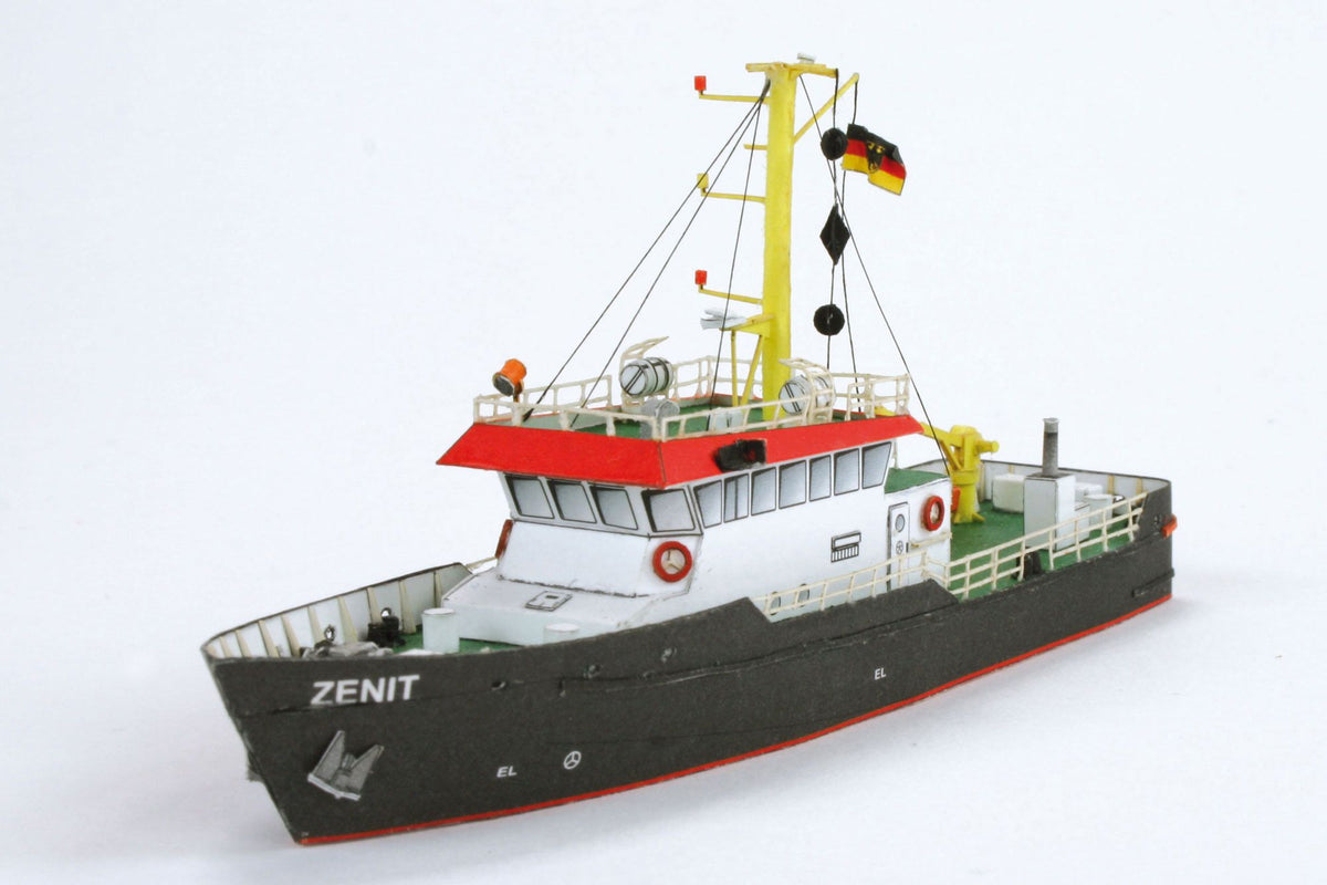 Photo of HMV Survey Vessel Zenit 1/250 paper model kit showing detailed bridge, mast, and deck equipment