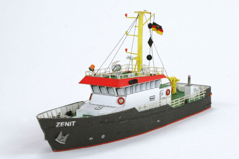 Photo of HMV Survey Vessel Zenit 1/250 paper model kit showing detailed bridge, mast, and deck equipment