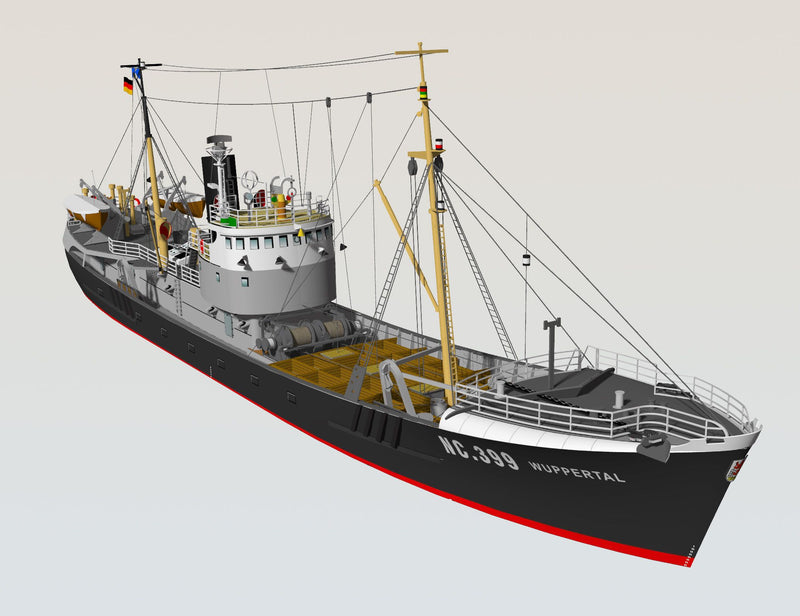 Photo of Fishing Trawler Wuppertal card model kit 1/250 by HMV showing detailed paper ship design