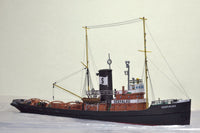 Photo of the HMV card model kit of the 1924 salvage tug Seefalke in 1:250 scale with trawler Lappland and tug Scheelenkuhlen.