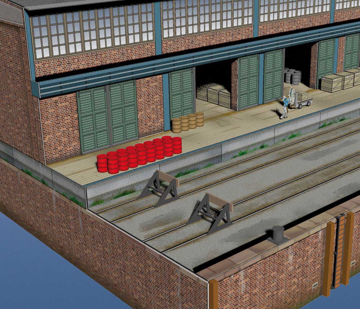 Photo of HMV 1/250 Quayside Warehouse Card Model Kit showing detailed 1930s port facility with pier, warehouse, and cargo elements
