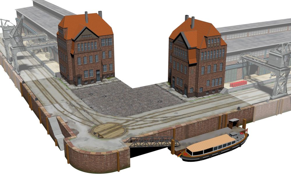 Photo of HMV Port Facility – Office Building 1:250 paper model kit with office buildings, barge, and turning platform