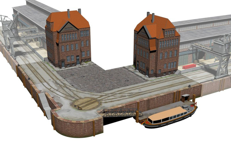 Photo of HMV Port Facility – Office Building 1:250 paper model kit with office buildings, barge, and turning platform