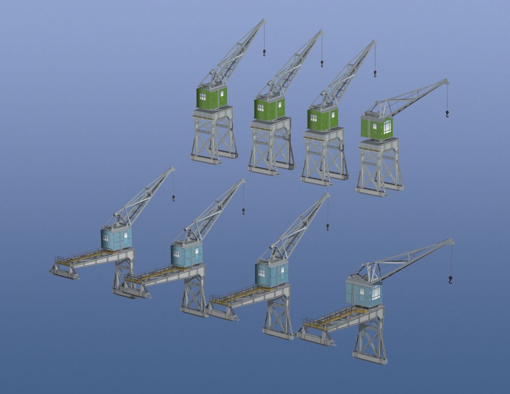 Photo of HMV Port Facility Dockside Cranes 1:250 card model kit showing detailed paper cranes from the 1920s–1930s designed by Peter Brandt.