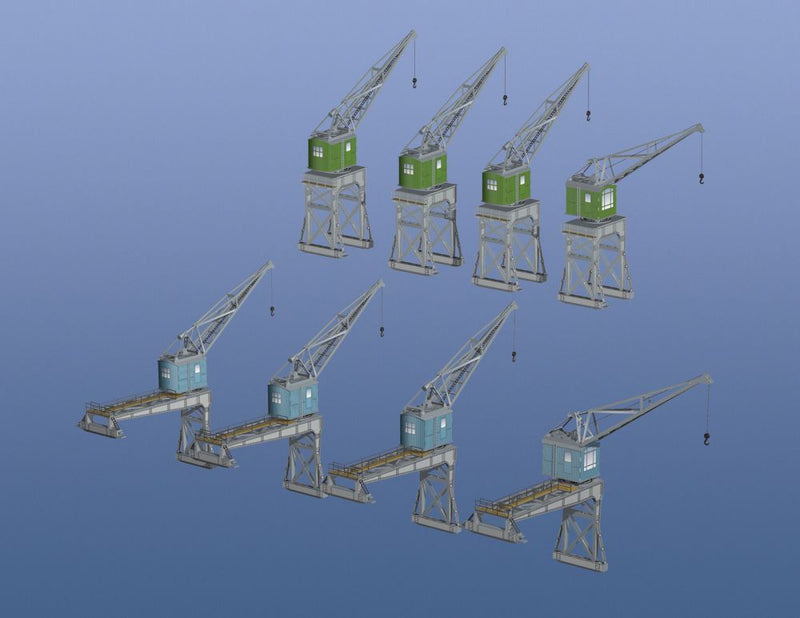 Photo of HMV Port Facility Dockside Cranes 1:250 card model kit showing detailed paper cranes from the 1920s–1930s designed by Peter Brandt.