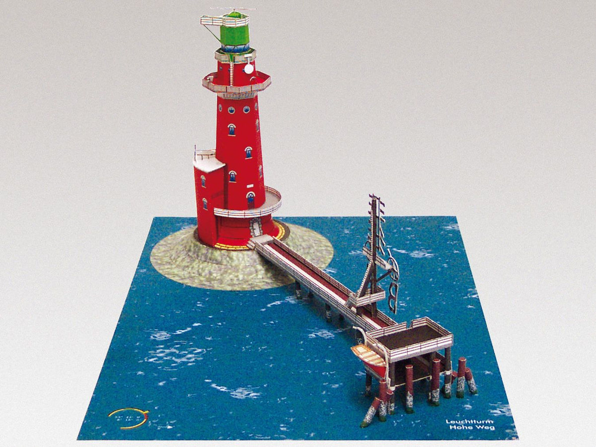 Photo of HMV Hohe Weg Aussenweser Lighthouse 1:250 card model kit showing detailed paper parts, wind semaphore, and water base.