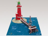 Photo of HMV Hohe Weg Aussenweser Lighthouse 1:250 card model kit showing detailed paper parts, wind semaphore, and water base.