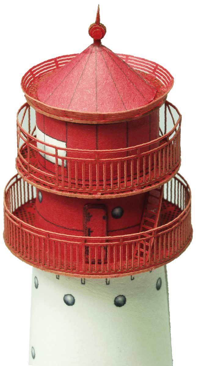 Photo of HMV Lighthouse Falshöft 1/250 Card Model Kit showing detailed red and white paper lighthouse with realistic structure and easy assembly parts.