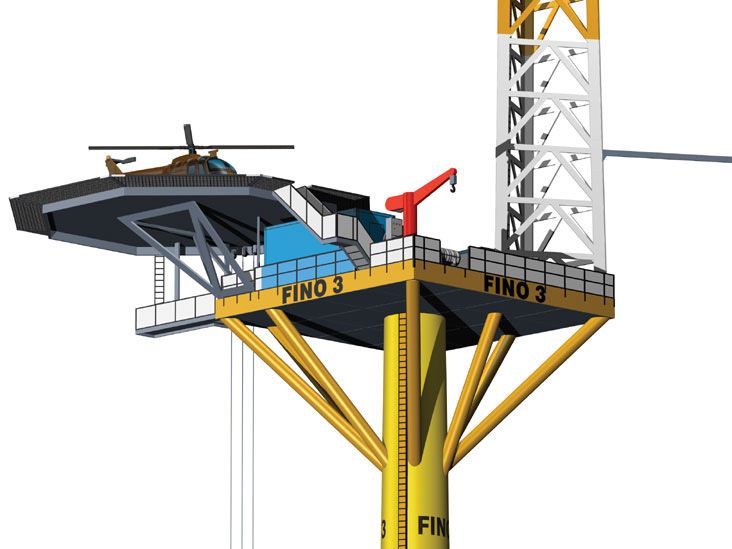 Photo of HMV Research Platform FINO 3 paper model kit in 1:250 scale with helicopter and ocean base