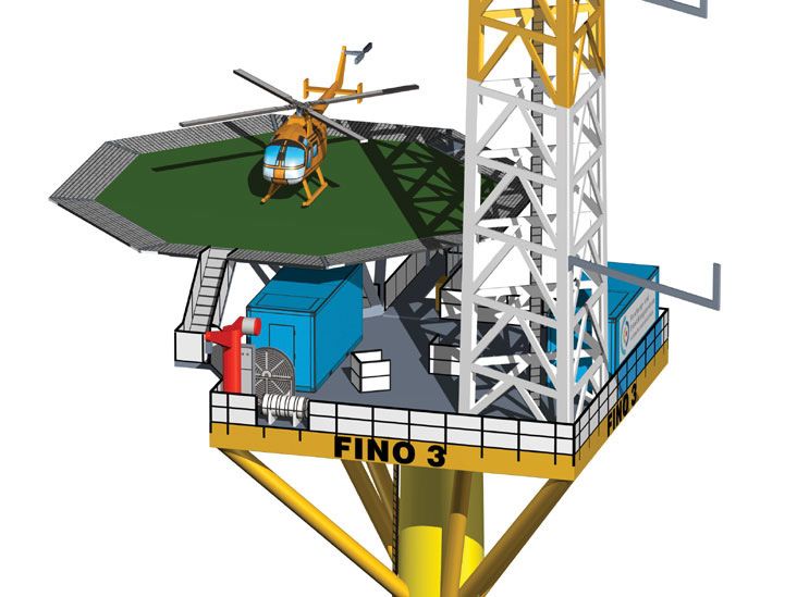 Photo of HMV Research Platform FINO 3 paper model kit in 1:250 scale with helicopter and ocean base