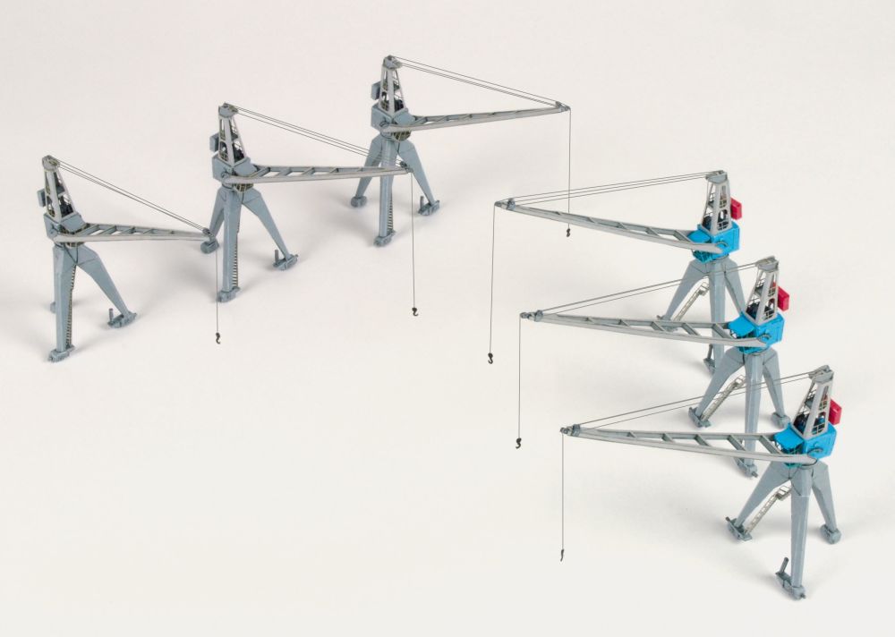 Photo of HMV Port Facility Dockside Cranes 2 paper model kit in 1/250 scale featuring six detailed harbor cranes from the 1950s.