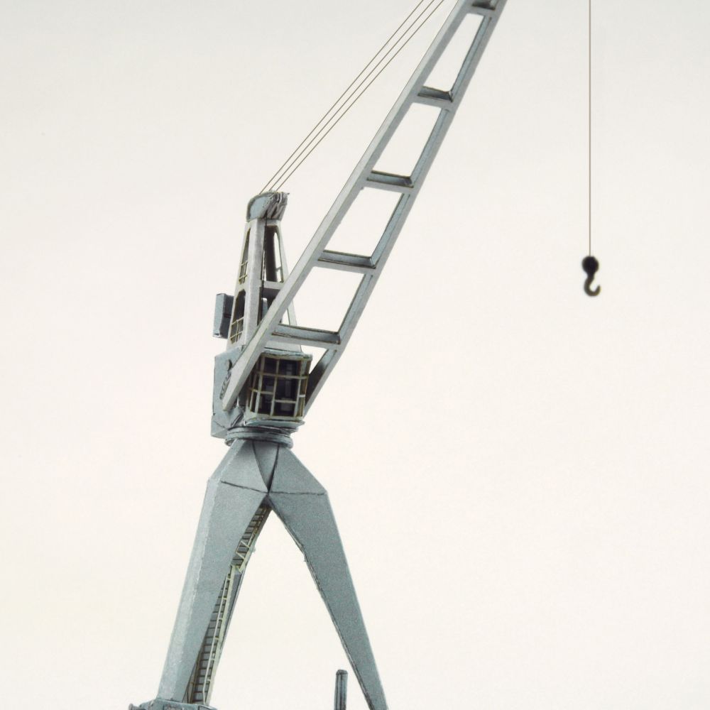 Photo of HMV Port Facility Dockside Cranes 2 paper model kit in 1/250 scale featuring six detailed harbor cranes from the 1950s.