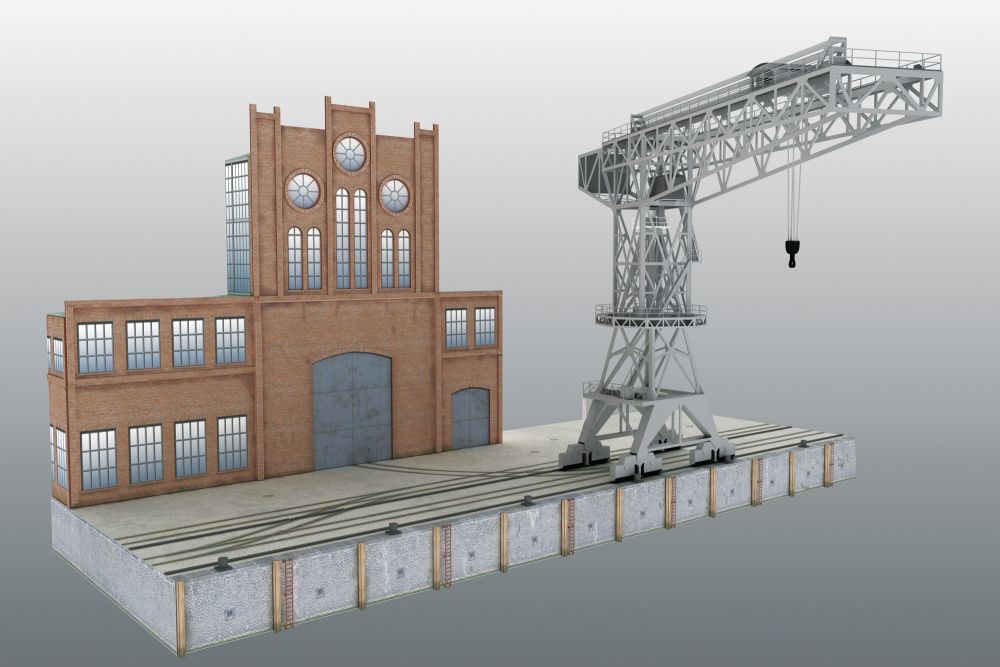 Photo of HMV 1/250 scale 40-ton Tower Crane Card Model Kit showing detailed shipyard crane and foundry building