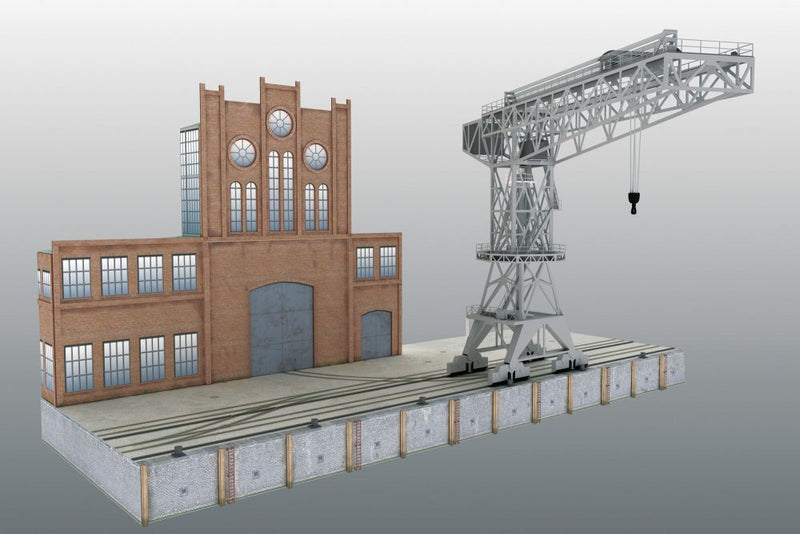 Photo of HMV 1/250 scale 40-ton Tower Crane Card Model Kit showing detailed shipyard crane and foundry building