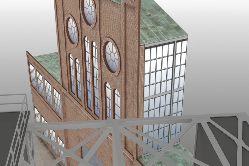 Photo of HMV 1/250 scale 40-ton Tower Crane Card Model Kit showing detailed shipyard crane and foundry building