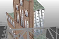 Photo of HMV 1/250 scale 40-ton Tower Crane Card Model Kit showing detailed shipyard crane and foundry building