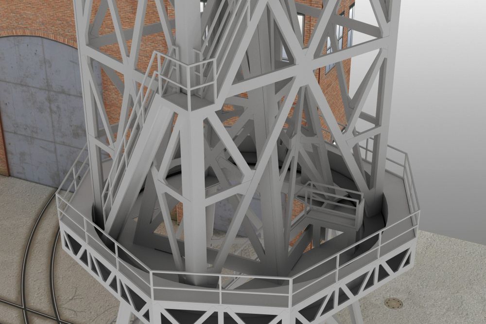 Photo of HMV 1/250 scale 40-ton Tower Crane Card Model Kit showing detailed shipyard crane and foundry building