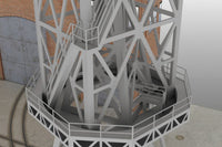 Photo of HMV 1/250 scale 40-ton Tower Crane Card Model Kit showing detailed shipyard crane and foundry building