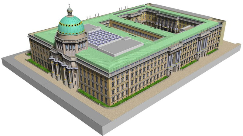 Photo of the HMV Berlin Palace 1/400 paper model kit showing detailed architectural parts and packaging.
