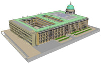 Photo of the HMV Berlin Palace 1/400 paper model kit showing detailed architectural parts and packaging.