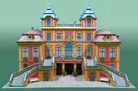 Photo of the Favorite Palace Ludwigsburg Card Model Kit 1/250 by HMV showing detailed baroque architecture with realistic façades and 3D window elements.