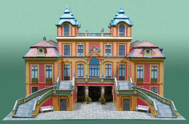 Photo of the Favorite Palace Ludwigsburg Card Model Kit 1/250 by HMV showing detailed baroque architecture with realistic façades and 3D window elements.