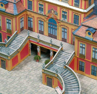 Photo of the Favorite Palace Ludwigsburg Card Model Kit 1/250 by HMV showing detailed baroque architecture with realistic façades and 3D window elements.