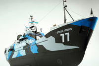 A close-up of a fishing vessel named 'Steve Irwin' with the number 11, featuring a black hull with blue and gray camouflage patterns, set against a pale sky background.