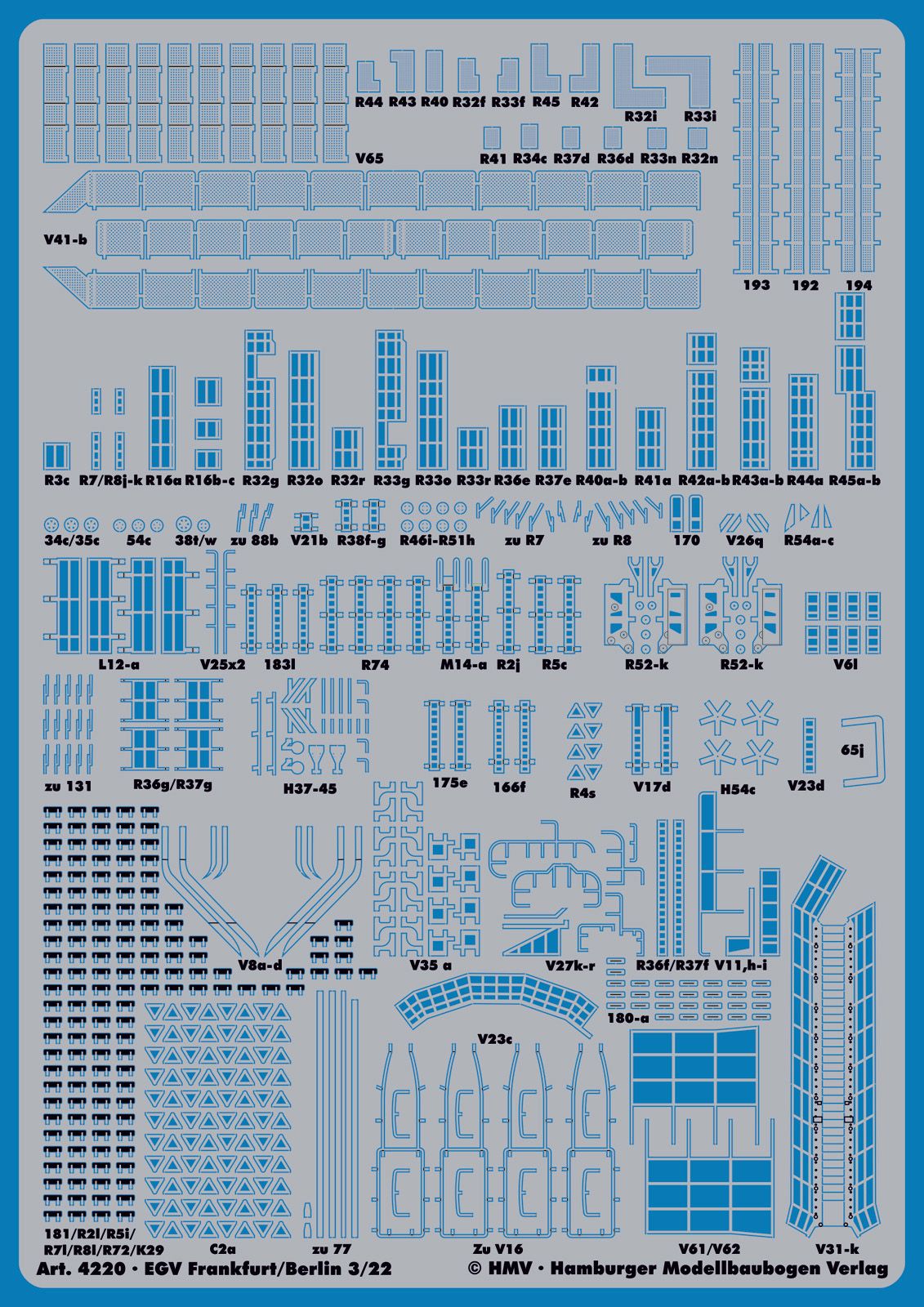 A blue model kit decal sheet featuring numerous small printed architectural and vehicle layout templates with alphanumeric codes, shown on a white background.