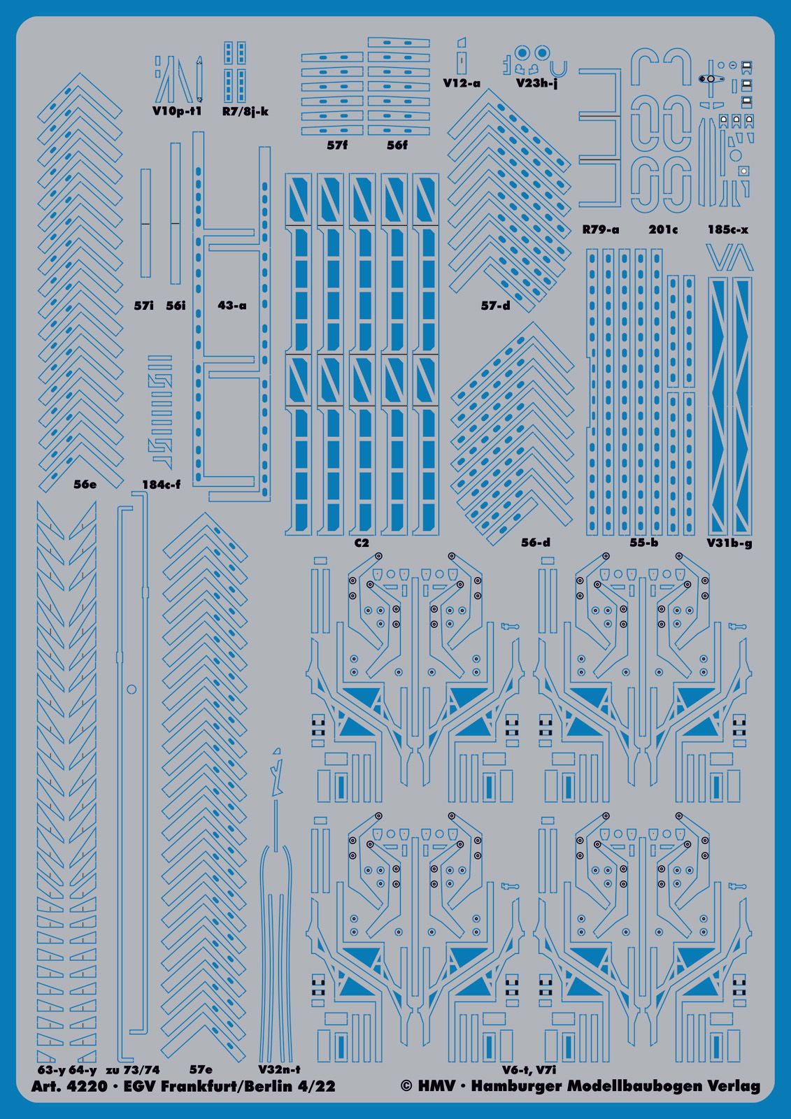 A blue model kit decal sheet with various printed striping, markings, and geometric patterns for model aircraft, labeled with parts like V19-41, 871, 36f, and E3.