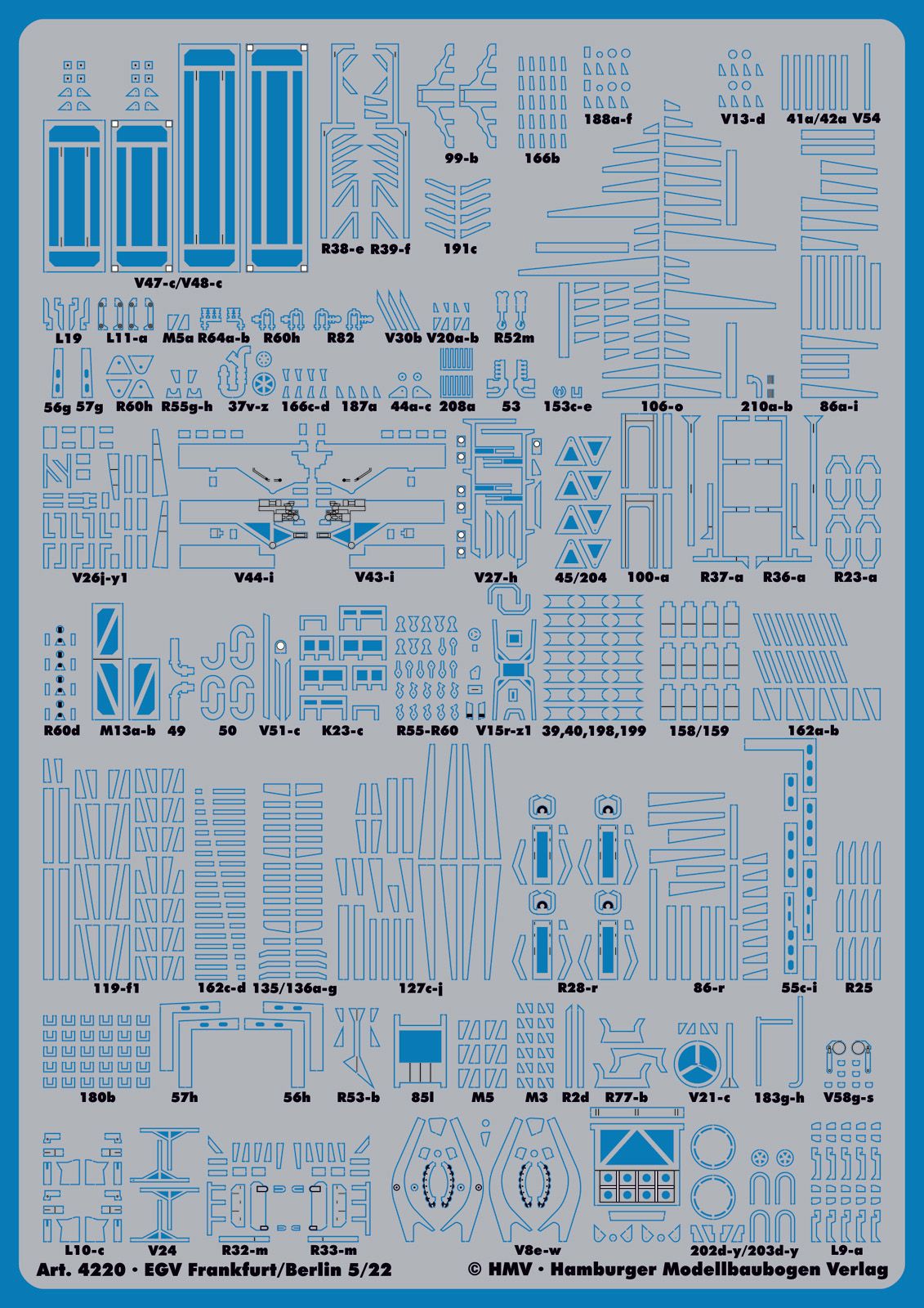A light blue sheet of model kit decals or transfer sheets with many small printed blue outlines and labels, photographed flat against a matching blue background. Small text at the bottom reads 'Art.