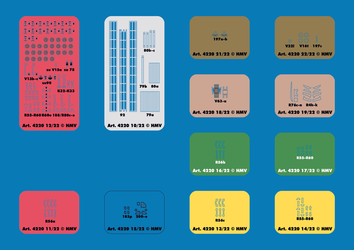 A blue catalog-style chart showing multiple colored rectangular panels with small technical drawings and text labels such as Art. 4320 10/22, Art.