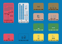 A blue catalog-style chart showing multiple colored rectangular panels with small technical drawings and text labels such as Art. 4320 10/22, Art.