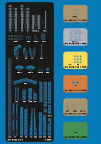 A flat lay of a model kit parts sheet and color reference cards for HMV 4533 1/13 scale models, featuring blue and gray structural components on a black backing alongside color swatches in beige, blue, yellow, orange, and green on a solid blue background.