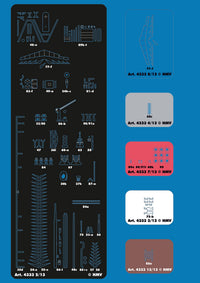 A flat sheet of black model kit decals or transfer paper with fine white line art and text, shown alongside five color sample swatches on a bright blue background. The swatches are gray, red, white, and brown, each labeled with part numbers and the brand HMW.