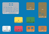 A sheet of multiple small color swatches and technical cutout templates on a solid blue background, including gray, brown, yellow, green, white, red, orange, and pink swatches with printed alphanumeric markings and part outlines.