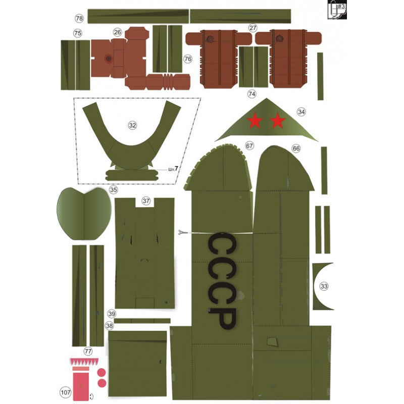 A flat lay of labeled cardboard or paper craft pieces for assembling a model, likely a tank or military vehicle, with olive green panels, brown panels, red stars, and the letters CCCP on a white background.