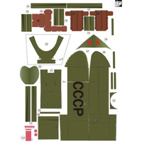 A flat lay of labeled cardboard or paper craft pieces for assembling a model, likely a tank or military vehicle, with olive green panels, brown panels, red stars, and the letters CCCP on a white background.